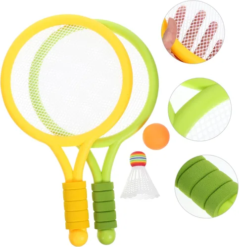 Vista 6 de LIOOBO Raqueta de tenis ligera para principiantes, raquetas de plástico en verde amarillo juego de captura al aire libre para niños que mejoran