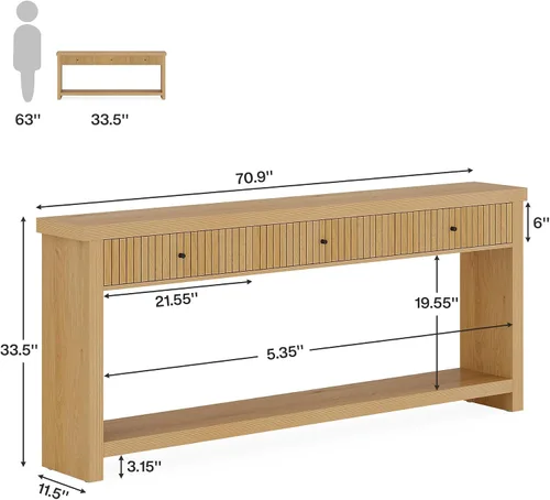 Vista 10 de Tribesigns - Mesa de consola de 70.9 pulgadas con 3 cajones, mesa de entrada extralarga, mesa de sofá de madera con estantes de almacenamiento