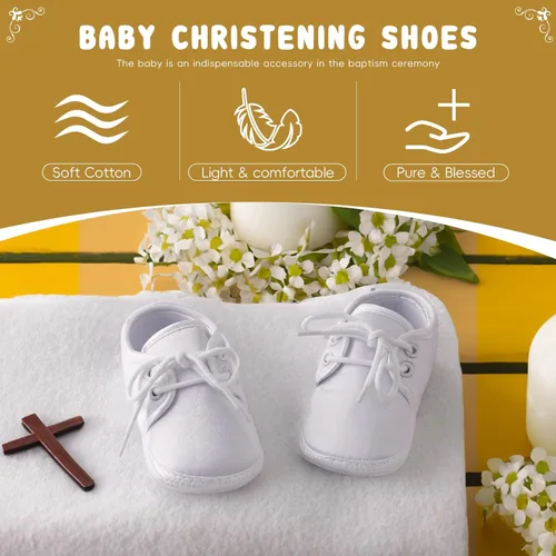 Vista 3 de Booulfi Zapatos de bebé para caminar, color blanco, para recién nacido, botines de Pascua, bautizo, regalos para niños y niñas