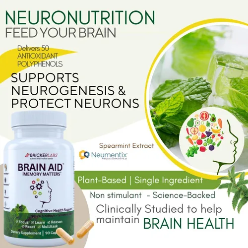 Vista 4 de Bricker Labs Brain Aid Memory Matters - Suplemento cerebral nootrópico con extracto de menta verde Neumentix, apoya la memoria, el enfoque