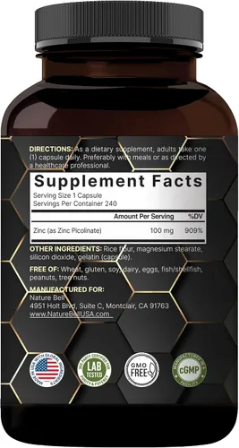 Vista 7 de Picolinato de zinc de alta potencia 100 mg – 240 cápsulas, forma biodisponible de zinc para apoyo inmunológico y salud de la piel – Sin OMG y gluten