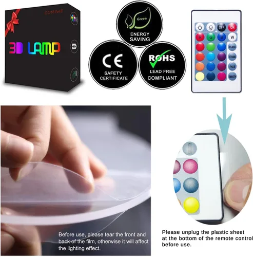 Vista 7 de Luz nocturna de ilusión 3D de fútbol, 16 colores regulables, lámpara de noche LED con control táctil y remoto, USB y alimentada por batería