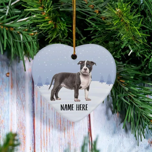 Vista 2 de Personalized Name American Bully Puppy Standing Christmas Tree Ornaments Ceramic Heart Decorations Gifts for Dog Lovers