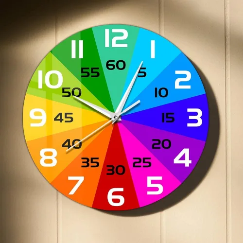 Vista 10 de Reloj de aprendizaje con rueda de color arcoíris, reloj de enseñanza de 12 pulgadas para niños, reloj de pared analógico para aula, movimiento