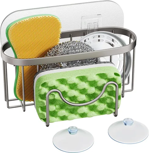 Vista 8 de HapiRm Organizador de esponja multifuncional con forma única en M, 2 métodos de instalación, organizador de fregadero de cocina, organizador