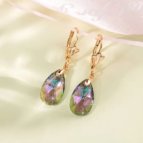 Vista 7 de Aretes con dijes con forma de lágrima de cristal austriaco, para mujer, cierre catalán, chapados en oro de 14 quilates joyas hipoalergénicas