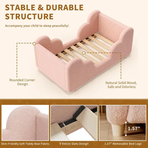 Vista 4 de Cama Montessori tapizada con rieles extraíbles Rosa