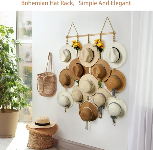 Vista 5 de Organizador de Sombreros de Macramé para Pared 15 Clips 31x53 Pulgadas Colgadores Grandes Exhibidor para Sombreros Fedora para Soporte de Sombreros