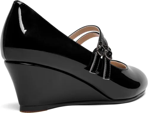 Vista 5 de Zapatos de tacón bajo con hebilla de punta redonda para mujer, con correa ajustable y correa ajustable, 2 pulgadas