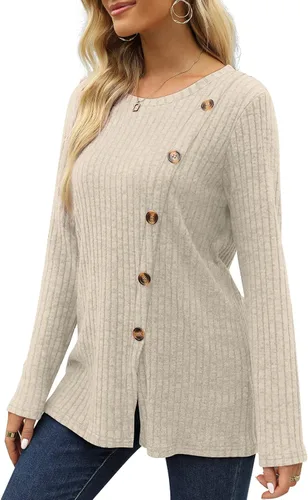 Vista 3 de OFEEFAN Blusa tipo túnica de manga larga para mujer, cuello redondo, botones laterales divididos