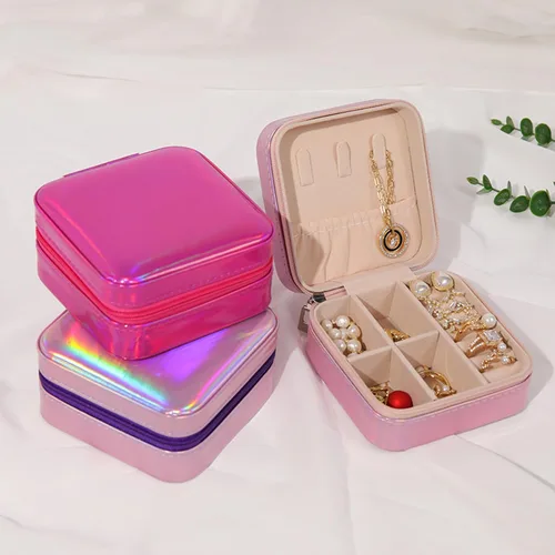 Vista 2 de Organizador de joyas colgante con cremallera, organizador de joyas de viaje, caja pequeña de joyería de piel sintética, joyero para mujeres y niñas