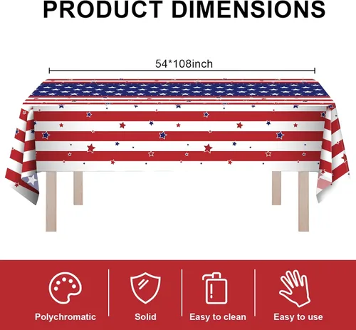 Vista 2 de Paquete de 8 manteles de plástico con bandera estadounidense de 54 x 108 pulgadas, desechables, para el Día de la Independencia para mesas de 6 a 8