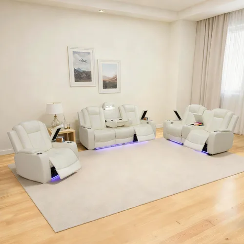 Vista 13 de Sofá reclinable con luces LED, sofá reclinable de cuero con dos asientos reclinables/puerto USB/consola de almacenamiento/soporte para vasos
