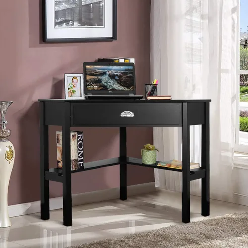 Vista 9 de RELAX4LIFE Escritorio esquinero para computadora triangular con cajón y estantes, mesa estable para computadora portátil, escritorio para oficina