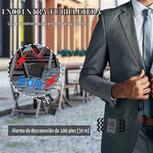 Vista 2 de Cartera para hombre con rastreador funciona con iOS y Android, billetera con billetera plegable de cuero auténtico, 8 tarjetas y 1 ventana para Negro