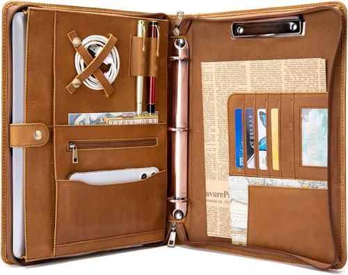 Vista 9 de YIWEN Portafolio de cuero genuino hecho a mano, portafolio con cremallera y carpeta de 3 anillos, organizador profesional de negocios, carpeta