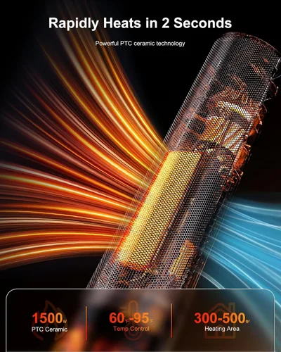 Vista 6 de Calentador de espacio eléctrico, calentadores de cerámica PTC de 1500 W para interiores con control remoto, oscilación de 70°, temporizador de 1 a