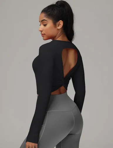 Vista 2 de Loovoo Camiseta corta de manga larga para mujer, sexy, con espalda abierta, cuello redondo, ajustada, camisa de yoga con agujero para el pulgar