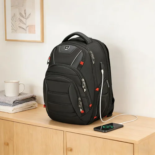 Vista 5 de Swissdigital - Mochila de diseño para viaje para hombres, compatible con TSA, con carga USB, protección RFID, mochila de negocios para laptops