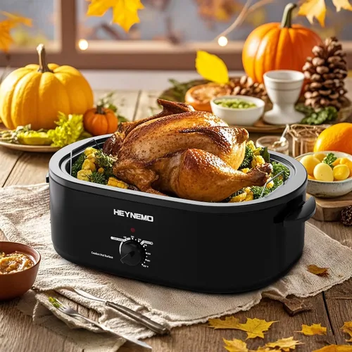Vista 6 de Horno tostador de 18 cuartos de galón con tapa de autohilvanado, horno eléctrico de pavo de acero inoxidable de 1450W con asas de tacto frío, Negro