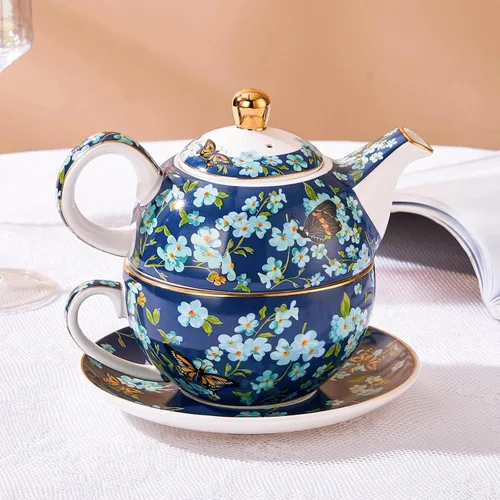 Vista 3 de Juego de té para uno, tetera y taza de porcelana, juego de té para una persona, tetera floral, juego de té de regalo para mujeres, mariposa azul