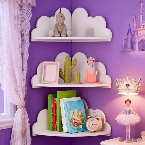 Vista 8 de Cloud - Juego de 3 estantes de pared para colgar en la esquina, estante para libros de guardería, diseño festoneado, hoja segura y no tóxica, fondo