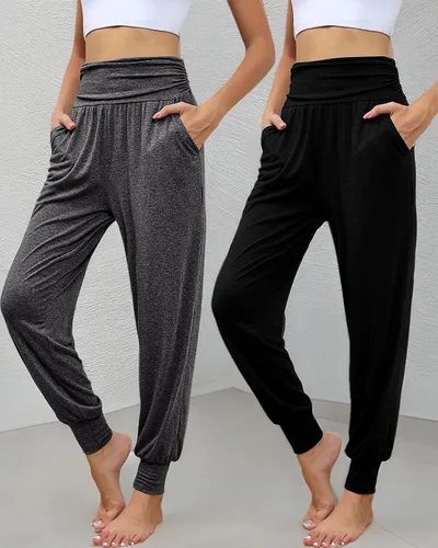 Vista 8 de Paquete de 2 pantalones deportivos de yoga para mujer, cómodos pantalones deportivos con bolsillos, casuales, holgados, cómodos y de cintura alta