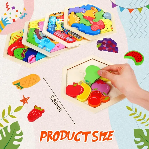 Vista 3 de Paquete de 5 rompecabezas de madera Tangram para niños, rompecabezas hexagonal de madera, bloques de rompecabezas con formas geométricas
