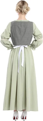 Vista 2 de Nuoqi Colonial Dress Women Green Pioneer Dress Adult Prairie Dress Costume with Apron 4 Pcs Set