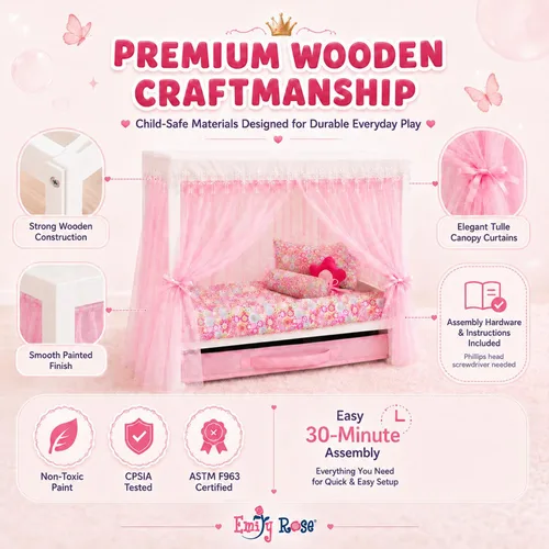Vista 4 de Emily Rose Cama con dosel de princesa de 18 pulgadas, madera blanca con cortinas de tul rosa, juego de ropa de cama de 5 piezas y cajón