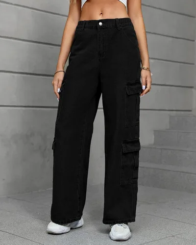 Vista 2 de Pantalones cargo para mujer, elásticos, de cintura alta, holgados, con bolsillo con solapa, rectos, casuales, Y2K.