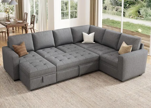 Vista 16 de HONBAY Sofá cama modular modular con cama extraíble, sofá en forma de L con asiento de almacenamiento, sofás seccionales para sala de estar, beige