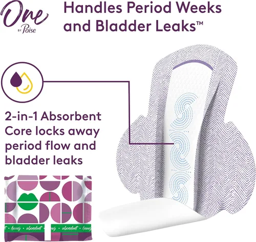 Vista 2 de One by Poise - Almohadillas femeninas con alas (período 2 en 1 y almohadilla para fugas de vejiga para mujeres), absorción regular y pesada