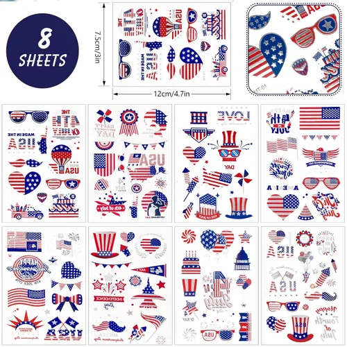 Vista 2 de HOWAF Más de 100 tatuajes temporales del 4 de julio – Bandera de Estados Unidos, suministros de fiesta rojo, blanco y azul, decoraciones del 4