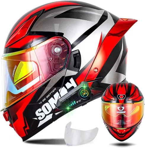 Vista 18 de Casco modular de motocicleta con Bluetooth, casco de motocicleta abatible de cara completa para hombres y mujeres con visera tintada y transparente
