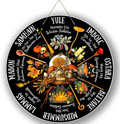 Vista 11 de Rueda del Año - Placa de madera de 30 cm, símbolos paganos de Sabbats, runas de brujas, tabla grabada en madera, vacaciones wiccanas, calendario
