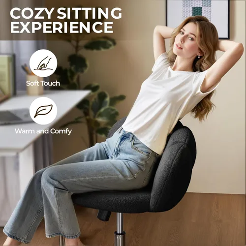 Vista 9 de Yaheetech - Silla de escritorio tapizada Boucle con forma de nube, silla de tocador ajustable para oficina en casa, computadora con ruedas para sala