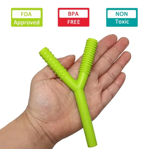 Vista 2 de Tubos mordedores para bebés de 3 a 6 meses, paquete de 3 tubos de silicona huecos para masticar para niños autistas, paja masticable en forma de Y