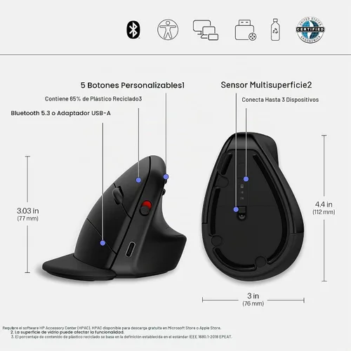 Vista 7 de HP 920 - Ratón ergonómico vertical inalámbrico Bluetooth 5.3 y dongle USB, 5 botones programables, batería de 16 semanas, multidispositivo