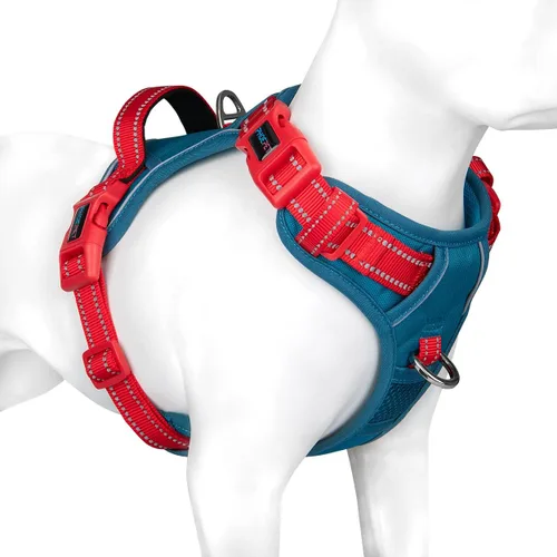 Vista 25 de Arnés para perro sin tirones, chaleco para perro reflectante ajustable de colores únicos, con asa de entrenamiento suave y clips de metal