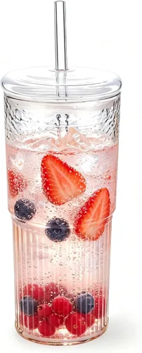 Vista 6 de Vasos de vidrio de 32 onzas con asa y tapas de bambú y pajitas, paquete de 2 vasos de vidrio de borosilicato para café helado, batidos, bebidas