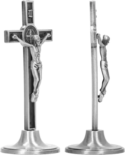 Vista 3 de Hztyyier Pared de crucifijo, hecha a mano, base católica extraíble para mesa (plata)