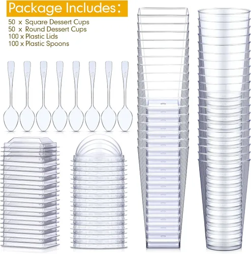 Vista 4 de Nuogo - Paquete de 100 mini tazas de postre de 3 onzas con tapas y cucharas, vasos cuadrados de plástico transparente, recipientes desechables