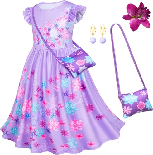 Vista 9 de Encanto Mirabel Isabella - Vestido de disfraz para niñas cumpleaños Halloween con accesorios Azul verde