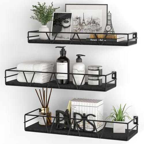 Vista 15 de Amaoot Juego de 3 estantes flotantes, estante de pared de madera para el hogar, estante de granja para dormitorio, estante flotante montado