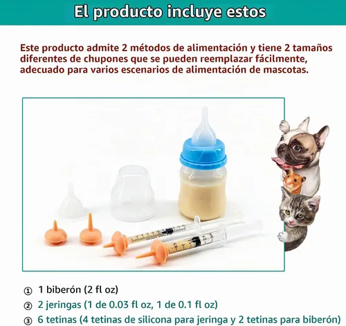 Vista 4 de Juego de biberón y jeringa para mascotas para cachorros y gatitos (1 botella, 2 jeringas, 6 pezones), azul