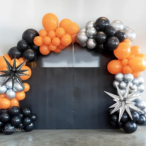 Vista 7 de Kit de arco de globos de baloncesto, kit de guirnalda de globos negros y naranjas, globos de estrella plateada de papel aluminio para baloncesto