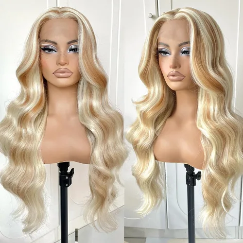 Vista 9 de #27 Peluca de encaje frontal rubia miel sin pegamento, onda corporal, pelucas de encaje frontal sintéticas prediseñadas, con línea de cabello