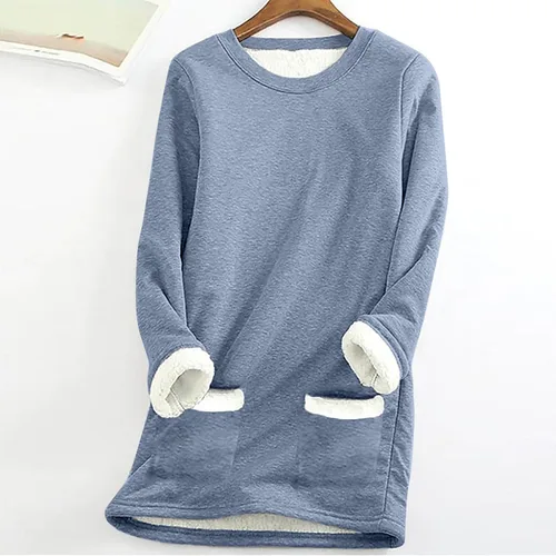 Vista 2 de Camisas cálidas con forro polar de invierno para mujer, estilo casual, color liso, raglán, manga larga, cuello redondo, camiseta térmica casual