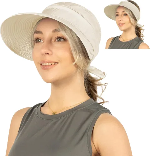 Vista 29 de SUN CUBE Sombrero de sol para mujer para protección UV al aire libre, sombrero de sol de ala ancha, cola de caballo, sombrero de playa convertible
